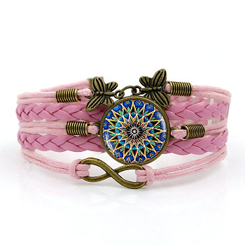 PU Leather Multi-strand Bracelet, Glass Mandala & Alloy Butterfly Links Bracelet for Women, Pearl Pink, 6-3/4 inch(17cm)