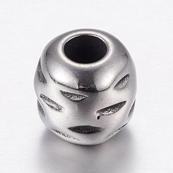 304 Stainless Steel European Beads, Large Hole Beads, Barrel, Antique Silver, 10x9mm, Hole: 4mm