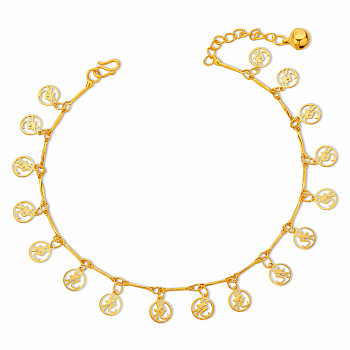 SHEGRACE Brass Charm Anklets, with Bar Link Chains, Flat Round with Chinese Character, Real 24K Gold Plated, 7-7/8 inch(20cm)