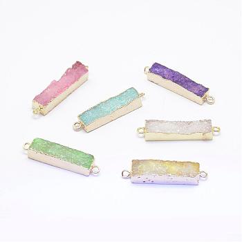 Electroplated Natural Druzy Agate Links/Connectors, Golden, Rectangle, Mixed Color, 30~45x8~9x4.5~7.5mm, Hole: 2mm