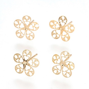 Brass Ear Studs, Flower, Real 18K Gold Plated, 10.5x10.5mm, Pin: 0.7mm