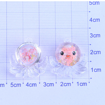 Luminous Transparent Resin Octopus Cabochons, Glow in Dark, with Gold Foil, Miniature Ornaments, Pink, 35x25mm