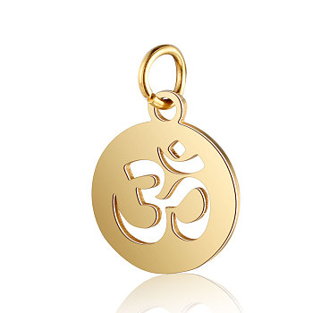 Chakra Theme Stainless Steel Pendants, with Jump Ring, Flat Round with Ohm/Aum, Golden, 1.7x1.2cm