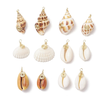 12Pcs 6 Styles Natural Mixed Shell Pendants, Copper Wire Wrapped Shell Shaped Charms, Real 18K Gold Plated, Mixed Shapes, 23~35.5x12.5~20x8.5~17.5mm, Hole: 1.6~2mm, 2pcs/style