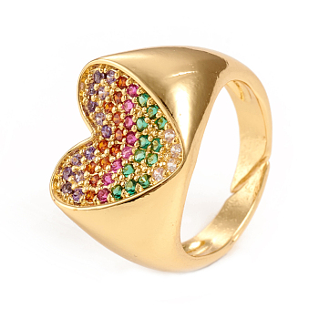 Adjustable Brass Micro Pave Cubic Zirconia Cuff Rings, Open Rings, Heart, Colorful, Golden, Size 7, Inner Diameter: 17mm
