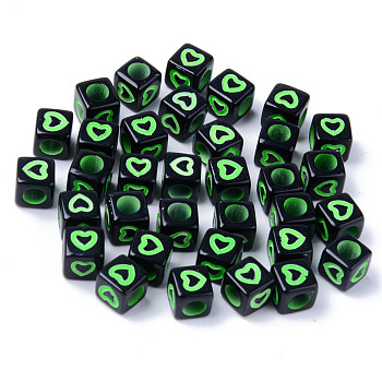 Opaque Black Acrylic European Beads, Large Hole Beads, Cube with Heart, Lime, 7x7x7mm, Hole: 4mm, about 1900~2000pcs/500g