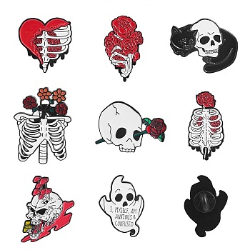 8Pcs 8 Style Skull Skeleton Ghost Enamel Pin, Halloween Alloy Brooch for Backpack Clothes, Electrophoresis Black, Mixed Color, 24~34x17~34x1~1.5mm, 1pc/style