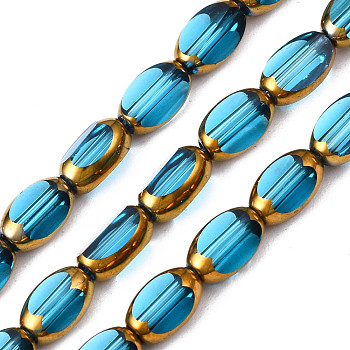 Electroplate Glass Beads Strands, Edge Plated, Oval, Deep Sky Blue, 7x4.5x4mm, Hole: 0.8mm, about 50pcs/strand, 13.07~13.15 inch(33.2~33.4cm)
