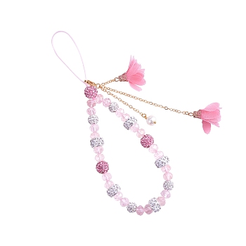 Polymer Clay Rhinestone & Glass Beaded Chain Mobile Strap, with Chiffon Flower Tassel, Anti-Lost Cellphone Wrist Lanyard, for Car Key Purse Phone Supplies, Pink, 12cm