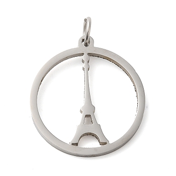 304 Stainless Steel Pendants, with Jump Ring, Flat Round, Stainless Steel Color, Eiffel Tower, 33x29.5x2mm, Hole: 5.5mm