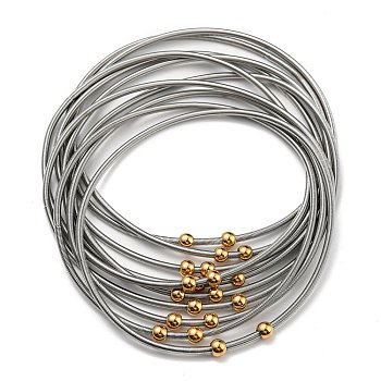 Bohemian Round Beaded 201 Stainless Steel Round Spring Chains Stretch Bracelet, Guitar String Coil Bracelet for Women, Stainless Steel Color, 0.17cm, Inner Diameter: 2-1/2 inch(6.2cm), 10pcs/set