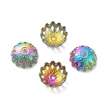 Ion Plating(IP) 304 Stainless Steel Fancy Bead Caps, Flower, Multi-Petal, Rainbow Color, 12.5x12x5mm, Hole: 1mm