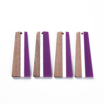 Resin & Walnut Wood Pendants, Trapezoid, Purple, 49x19x3mm, Hole: 2mm