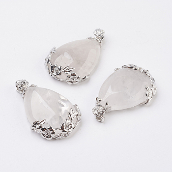 Valentine Gifts Idea for Guys Natural Quartz Crystal Pendants, Rock Crystal Pendants, with Brass Findings, Drop, Platinum, 38~41x26x8mm, Hole: 5x4mm