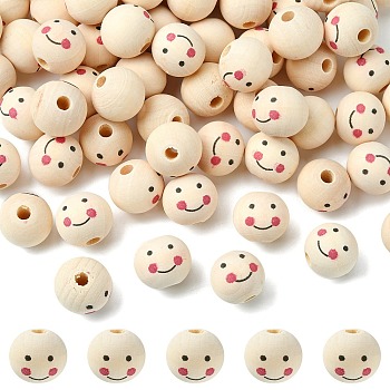 Natural Wood Beads, Large Hole Beads, Round with Smile Face, PapayaWhip, 19~20x17.5~18mm, Hole: 4.5mm, about 200pcs/500g