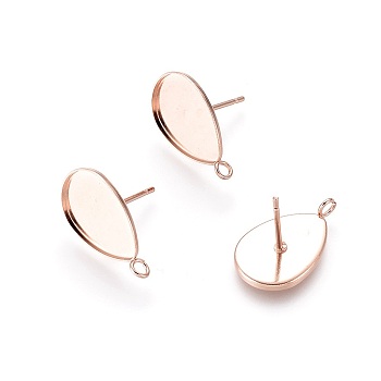 304 Stainless Steel Stud Earring Settings, with Loop, Teardrop, Rose Gold, Tray: 14x10mm, 17x10.5x1mm, Hole: 2mm, Pin: 0.8mm