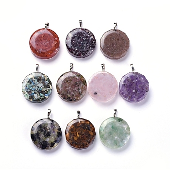 Resin Pendants, with Natural Gemstone Chips Inside, Long-Lasting Plated Brass Findings, Flat Round, Platinum, 39~40x34.5~35.5x10~12mm, Hole: 7~8x4.5~5mm