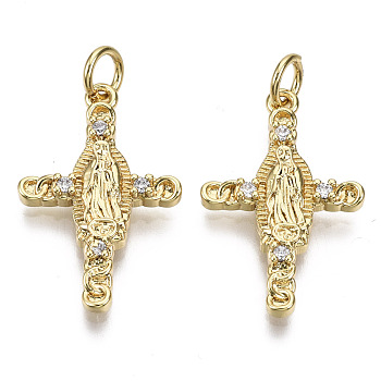 Brass Micro Pave Cubic Zirconia Pendants, Lady of Guadalupe Charms, with Jump Ring, Cross with Virgin Mary, Nickel Free, Real 16K Gold Plated, 23.5x15.5x3mm, Hole: 3.5mm