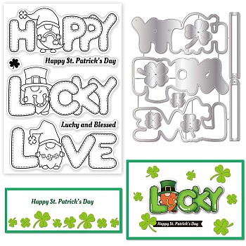 DIY Scrapbook Kits, including 1Pc Carbon Steel Cutting Dies Stencils and 1 Sheet PVC Plastic Stamps, Shamrock & Word Happy/Lucky/Love, Saint Patrick's Day Themed Pattern, Stencils: 14.3x11.9x0.08cm, Stamps: 16x11x0.3cm