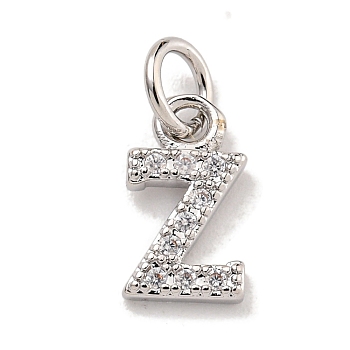 Initial Letter Brass with Cubic Zirconia Charms, Platinum, Long-Lasting Plated, Lead Free & Cadmium Free, Letter Z, 10.5x6x1.5mm, ring: 5x1mm, inner diameter: 3mm