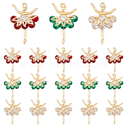 18Pcs 3 Colors Glass Pendants, with Light Gold Brass Micro Pave Cubic Zirconia Findings, Ballet Dancer Charms, Mixed Color, 21.5x15x4.5mm, Hole: 1mm, 6Pcs/color(GLAA-DC0001-27)