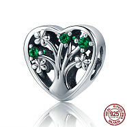 925 Sterling Silver European Beads, with Cubic Zirconia, Large Hole Beads, Heart with Tree, Antique Silver, 11x11mm, Hole: 4.2~4.5mm(STER-FF0009-08AS-11)
