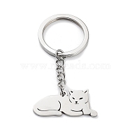 Animal 304 Stainless Steel Pendant Keychains, with Key Ring, Stainless Steel Color, Cat Shape, 6cm(KEYC-P017-A02)