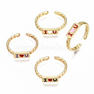 Brass Enamel Cuff Rings, Open Rings, for Valentine's Day, Nickel Free, Curb Chain, Word I Love You, Real 16K Gold Plated, Mixed Color, US Size 8 3/4(18.7mm)(RJEW-N035-012-NF)