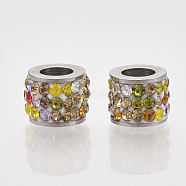 304 Stainless Steel Beads, with Polymer Clay Rhinestone, Column, Colorful, 5.5x7mm, Hole: 3.5mm(STAS-T050-007M)