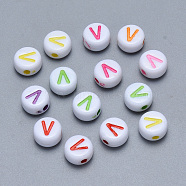 Craft Acrylic Horizontal Hole Letter Beads, Flat Round, Mixed Color, Letter.V, 7x3.5~4mm, Hole: 1.5mm, about 3600pcs/500g(SACR-S201-11V)