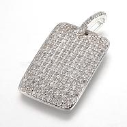 Brass Micro Pave Cubic Zirconia Pendants, Real Platinum Plated, Rectangle, 27.5x18x2.5mm, Hole: 3x7.5mm(ZIRC-F062-03P)