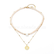 Mother's Day Gifts, Initial Pendant Necklaces Sets, with Natural Shell Letter Pendants, Pearl Beads and Brass Pendants, Word Mom, Golden, Letter.M, 14.53 inch(36.9cm) & 17.72 inch(45cm), 2pcs/set(NJEW-JN03422-03)