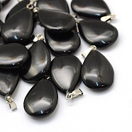 Teardrop Natural Black Stone Pendants, with Platinum Tone Brass Findings, 25~29x16~17x5~6mm, Hole: 2x7mm(G-Q368-13)