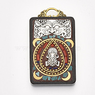 Handmade Indonesia Big Pendants, Wood Settings, with Brass Findings and Alloy Loop, Rectangle with Frog, Colorful, 58x33x12mm, Hole: 8x4mm(IPDL-S053-208)