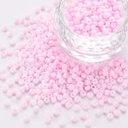 8/0 Opaque Glass Seed Beads, Round Hole, Frosted Colours, Round, Pearl Pink, 3~4x2~3mm, Hole: 0.8mm, about 15000pcs/Pound(SEED-S048-N-005)