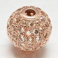CZ Brass Micro Pave Cubic Zirconia Round Beads, Rose Gold, 8mm, Hole: 2mm(ZIRC-L017-8mm-12RG)