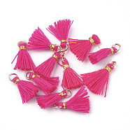 Polycotton(Polyester Cotton) Tassel Pendant Decorations, Mini Tassel, with Iron Findings and Metallic Cord, Light Gold, Deep Pink, 10~15x2~3mm, Hole: 1.5mm(FIND-S281-18)