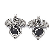 Natural Obsidian Pendants, Dragon Charms, with Rack Plating Antique Silver Plated Brass Findings, Cadmium Free & Lead Free, 47x37x19mm, Hole: 4mm(G-P491-02AS-05)