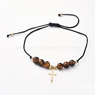 Adjustable Braided Bead Bracelets, with Natural Tiger Eye Beads, Nylon Thread, Golden Plated 304 Stainless Steel Pendants and Brass Beads, Cross, 5/8 inch~3 inch(1.5~7.5cm)(BJEW-JB04899-05)