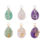 4 Sets Natural Mixed Gemstone Pendants, Natural Rose Quartz & Amethyst & Green Aventurine, with Copper Wire Wrapped, Teardrop Charm, Golden & Silver, 24.5x14x7.5mm, Hole: 3.6mm, 3pcs/set(G-FH0001-85)