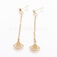 Brass Cubic Zirconia Stud Earrings, with Cable Chains, Fan Shape, Golden, 55~57mm, Pin: 0.8mm(EJEW-J097-F01-G)