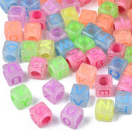 Luminous Transparent Acrylic Beads, Glow in the Dark, Cube with Letter, Mixed Color, 6x6x6mm, Hole: 3.5mm(X-LACR-N001-59)