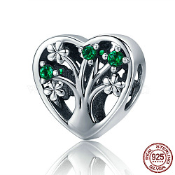 925 Sterling Silver European Beads, with Cubic Zirconia, Large Hole Beads, Heart with Tree, Antique Silver, 11x11mm, Hole: 4.2~4.5mm(STER-FF0009-08AS-11)