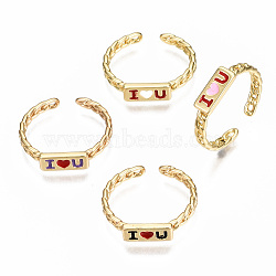 Brass Enamel Cuff Rings, Open Rings, for Valentine's Day, Nickel Free, Curb Chain, Word I Love You, Real 16K Gold Plated, Mixed Color, US Size 8 3/4(18.7mm)(RJEW-N035-012-NF)