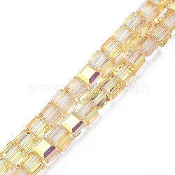 Electroplate Transparent Glass Beads Strands, Faceted, Cube, Gold, 7x7x7mm, Hole: 1.4mm, about 100pcs/strand, 26.77 inch(68cm)(EGLA-N002-28-C07)