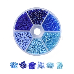 6 Colors 8/0 Glass Seed Beads, Frosted Colors & Silver Lined & Transparent & Trans. Colors Rainbow & Opaque Colors Lustered & Opaque Colours, Round, Blue, 8/0, 3mm, Hole: 1mm, 60g/box, about 1330pcs/box(SEED-X0052-03B-3mm)