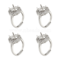4Pcs Adjustable Brass Micro Pave Clear Cubic Zirconia Finger Ring Components, 4 Claw Prong Ring Settings, Long-Lasting Plated, Flower, Platinum, US Size 7(17.3mm), Tray: 10x8mm(ZIRC-NB0002-06P)