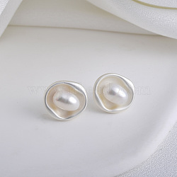 Flat Round Brass & Freshwater Pearl Stud Earrings for Women, Matte Silver Color, 14x14mm(EJEW-G391-04MS)