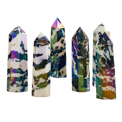 Point Tower Electroplate Natural Zebra Jasper Home Display Decoration, Healing Stone Wands, for Reiki Chakra Meditation Therapy Decors, Hexagon Prism, 70~80mm(PW-WG13327-01)