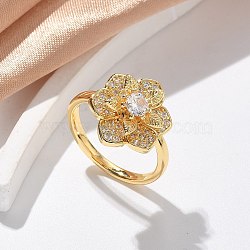 Brass Micro Pave Clear Cubic Zirconia Finger Rings for Women, Flower, Real 18K Gold Plated, 16x16.5mm, Inner Diameter: 19mm(RJEW-U041-08G)